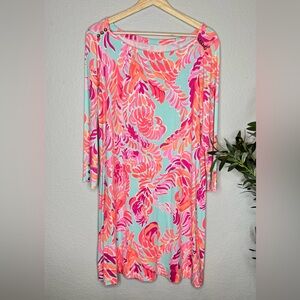 Lilly Pulitzer XL Aqua Pink Print Tunic Dress Long Sleeve Resort Vacation Dress